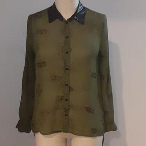 Sheer printed olive button down size M